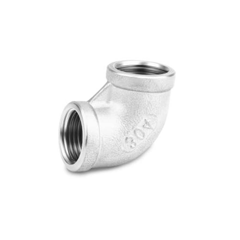 Single stainless steel 90-degree elbow fitting with dark NPT threads on both ends.