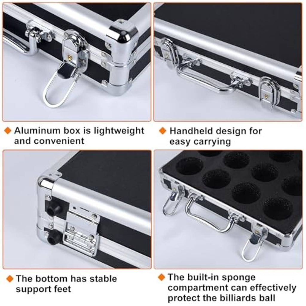 Aluminum billiards ball case with chrome latches and black foam ball compartments
