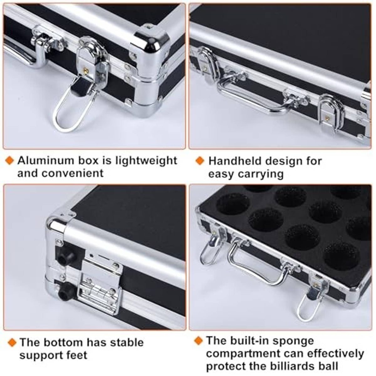 Aluminum billiards ball case with chrome latches and black foam ball compartments