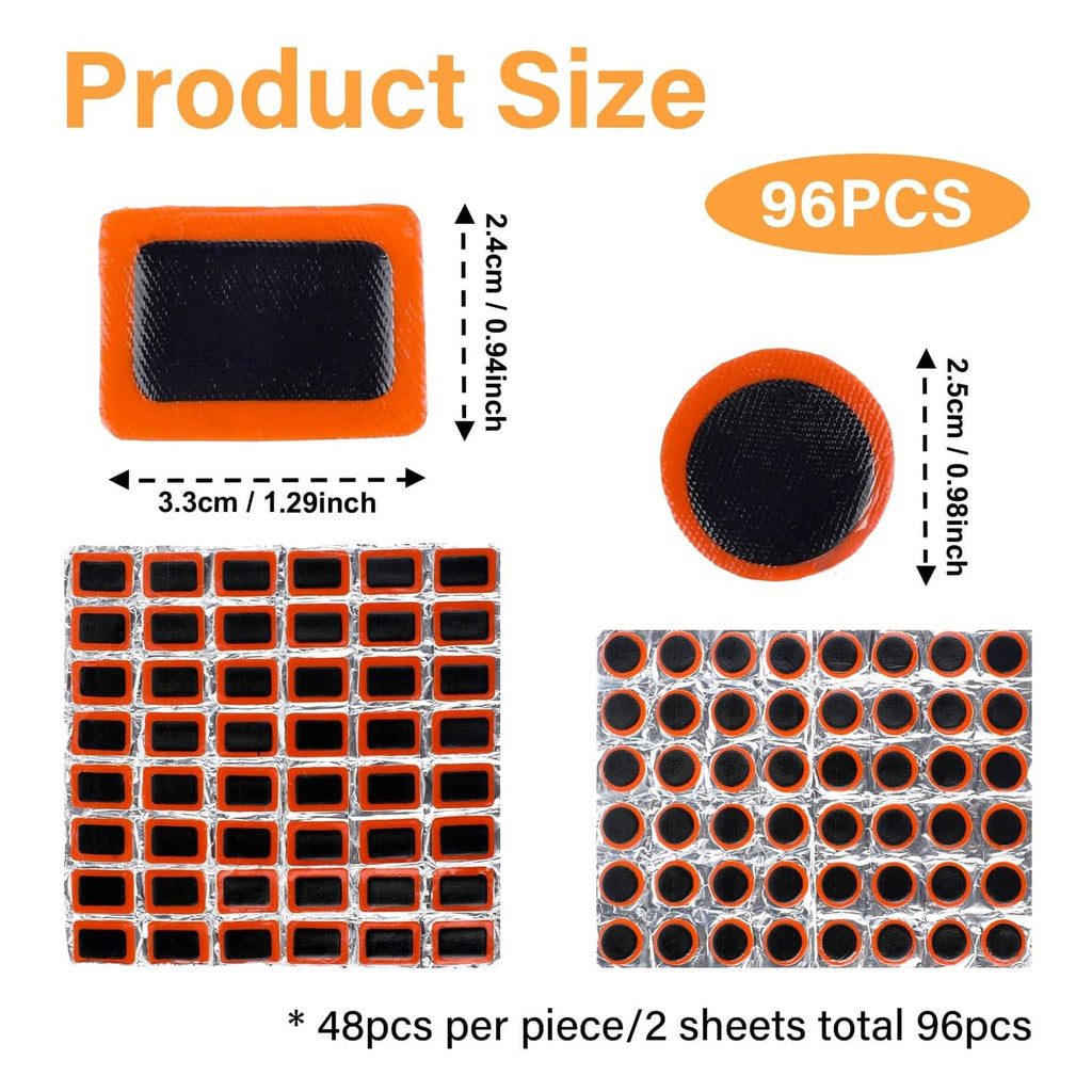 96-piece rubber tire patch kit showing round and rectangular orange-backed patches