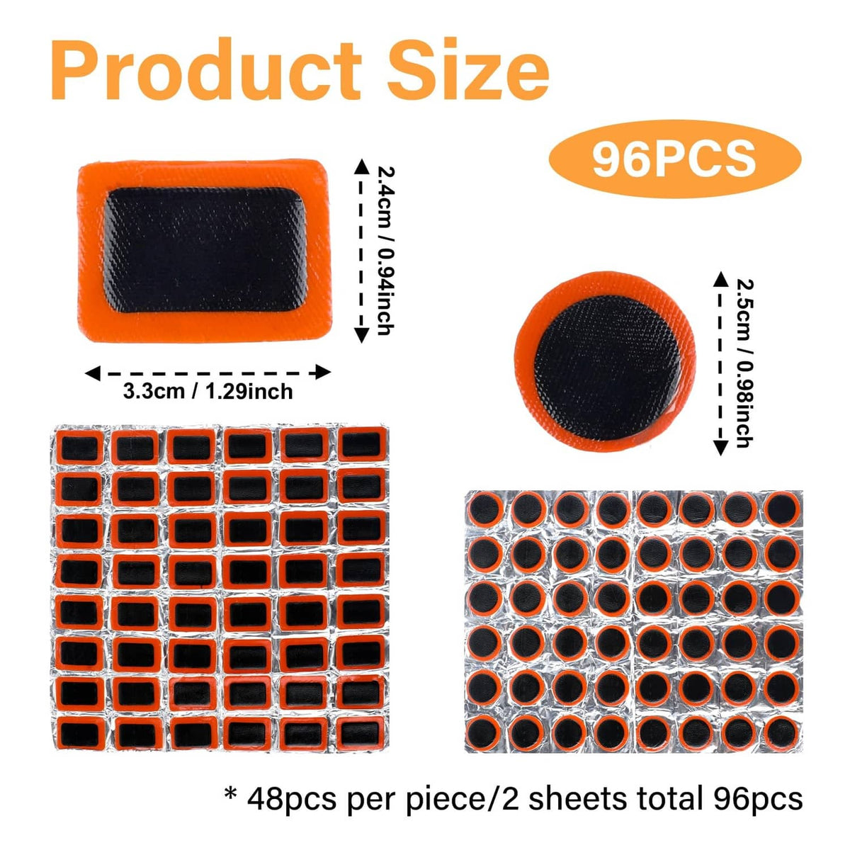 96-piece rubber tire patch kit showing round and rectangular orange-backed patches