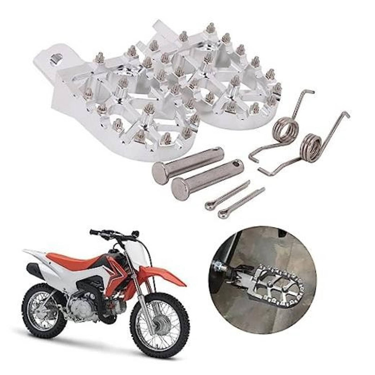 Silver dirt bike foot pegs with traction pins and installation hardware