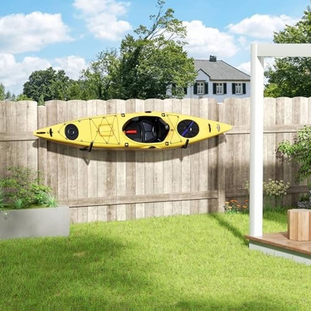 Black wall storage hooks holding a yellow kayak outdoors, 6-piece set
