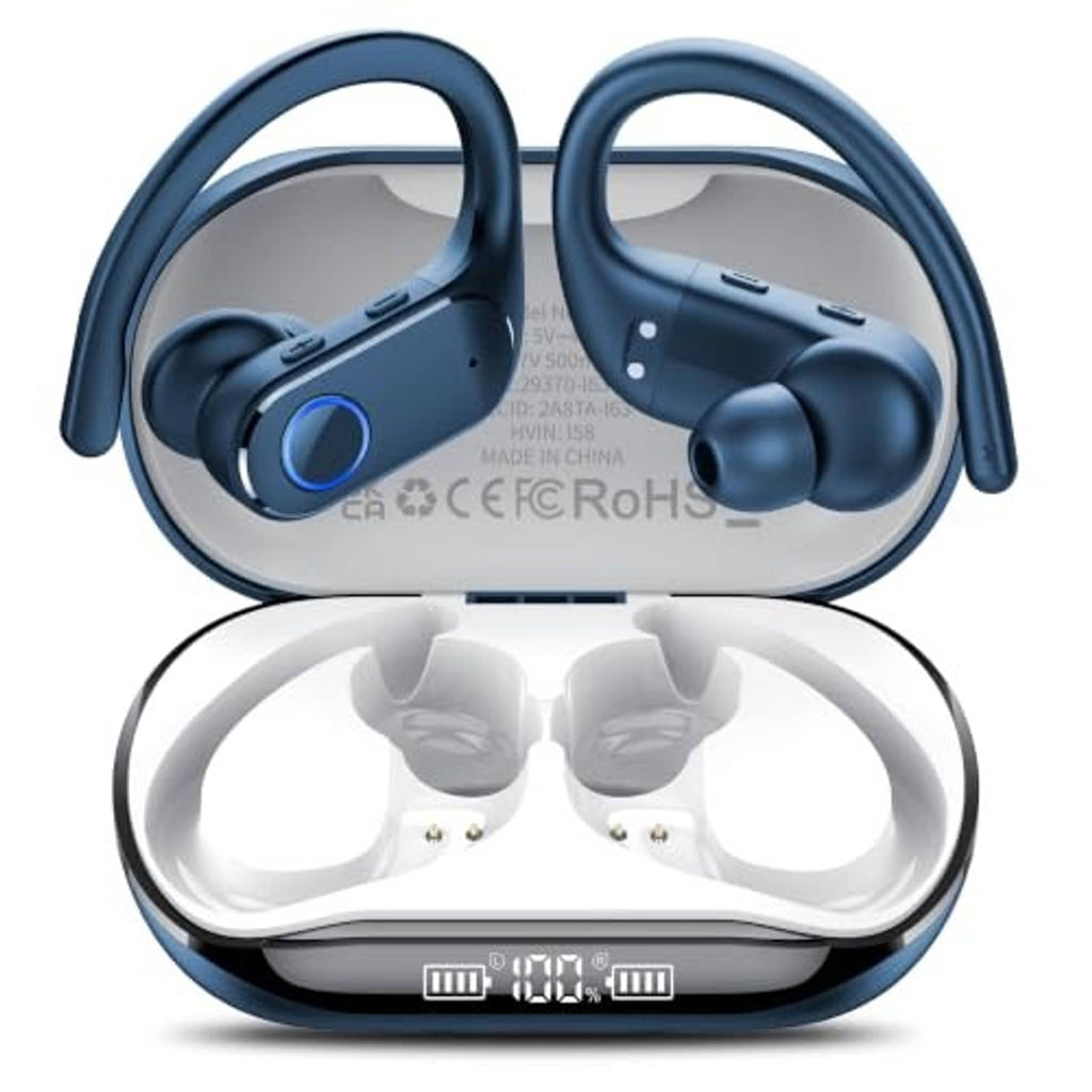 Dark blue wireless earbuds and open charging case with two earbuds inside