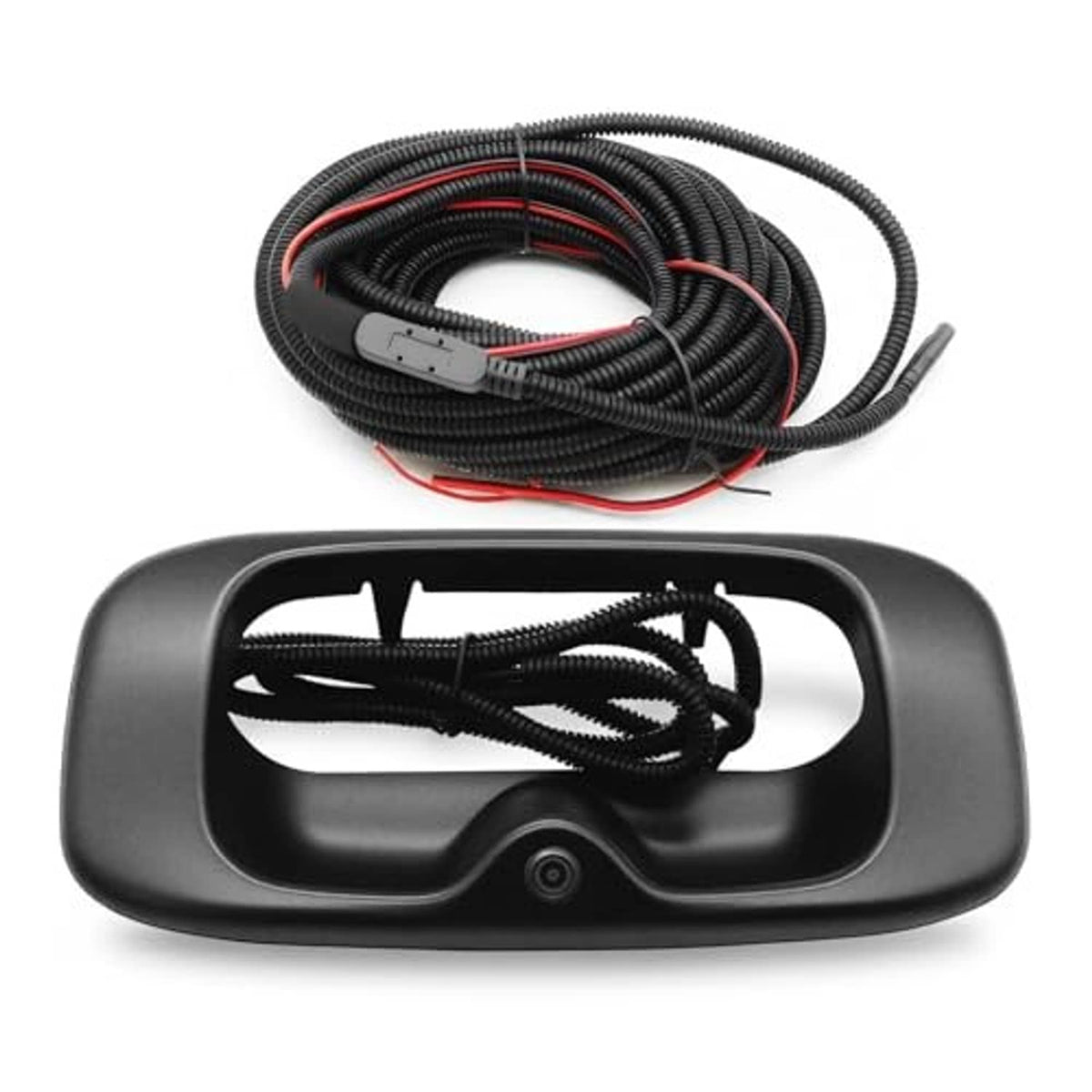 Rear view camera tailgate handle assembly showing black camera housing and cable bundle