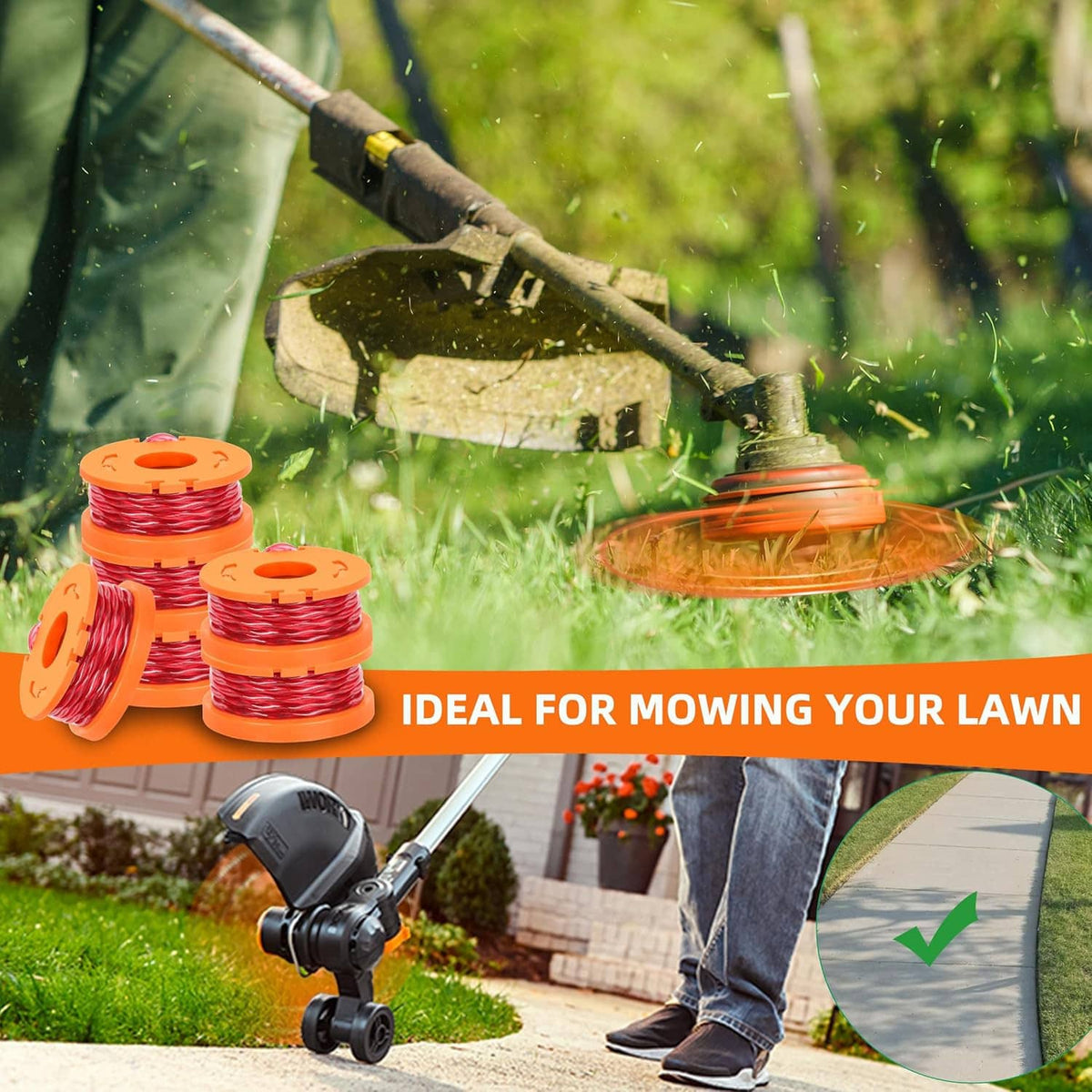 Multiple orange trimmer line spools with red line for lawn edging and trimming