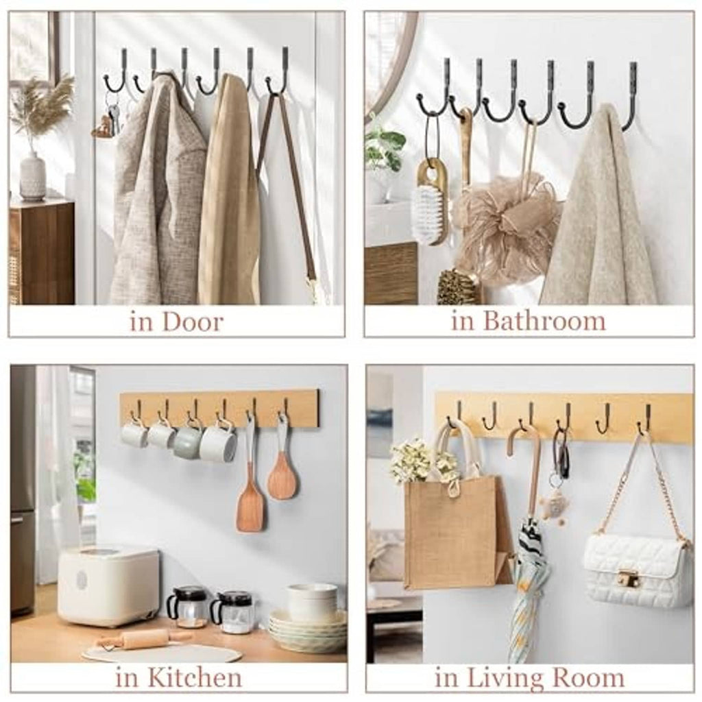 Black metal wall hook set with multiple curved hooks for coats and bags
