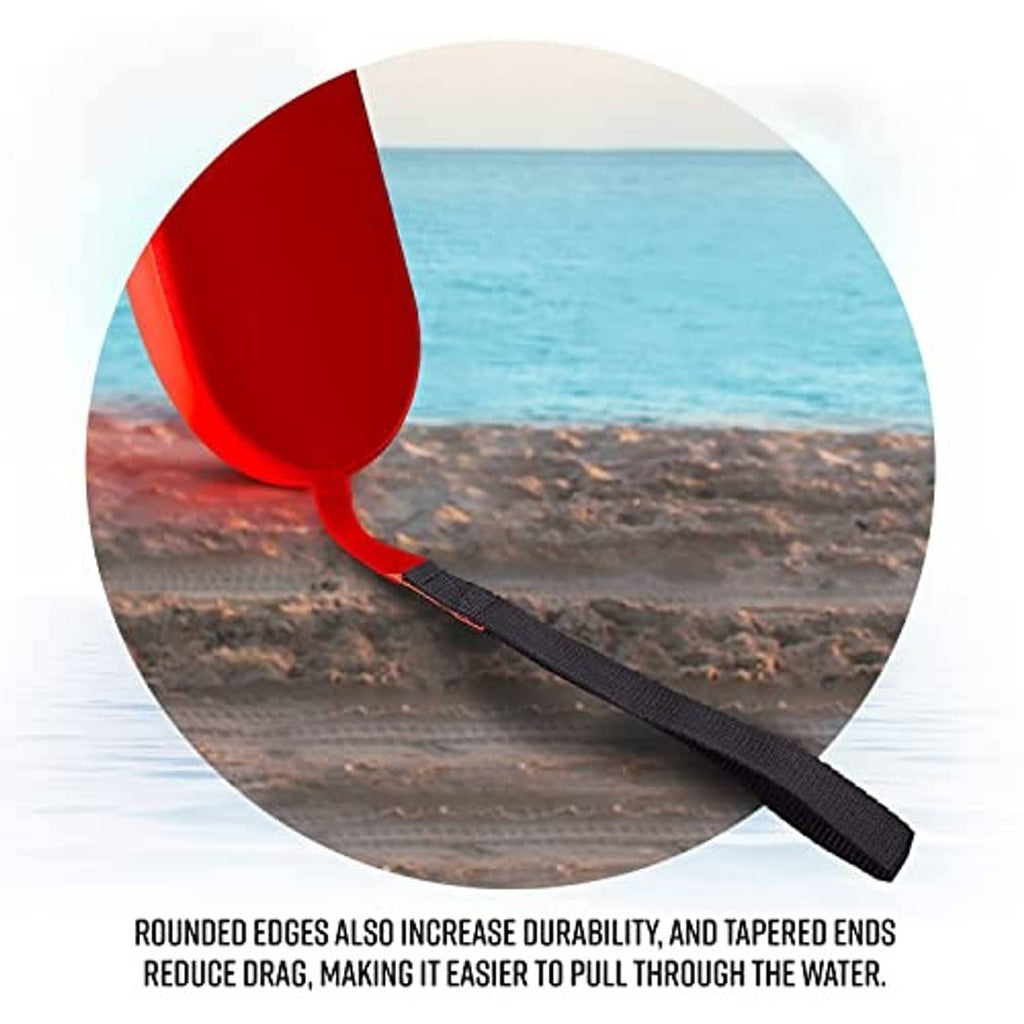 Red rescue tube end with rounded tip and black webbing strap
