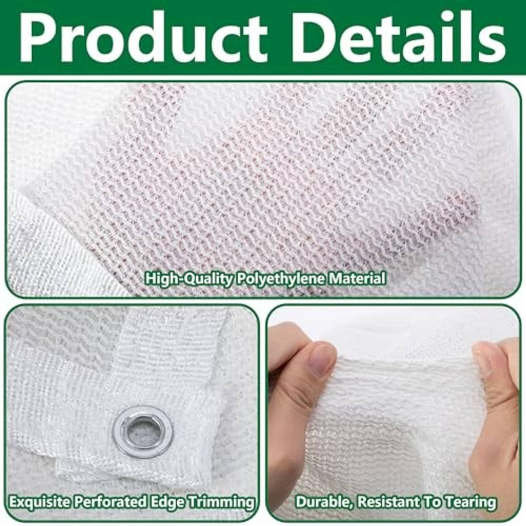 White mesh sun shade cloth close-up, reinforced edge trim and grommet detail