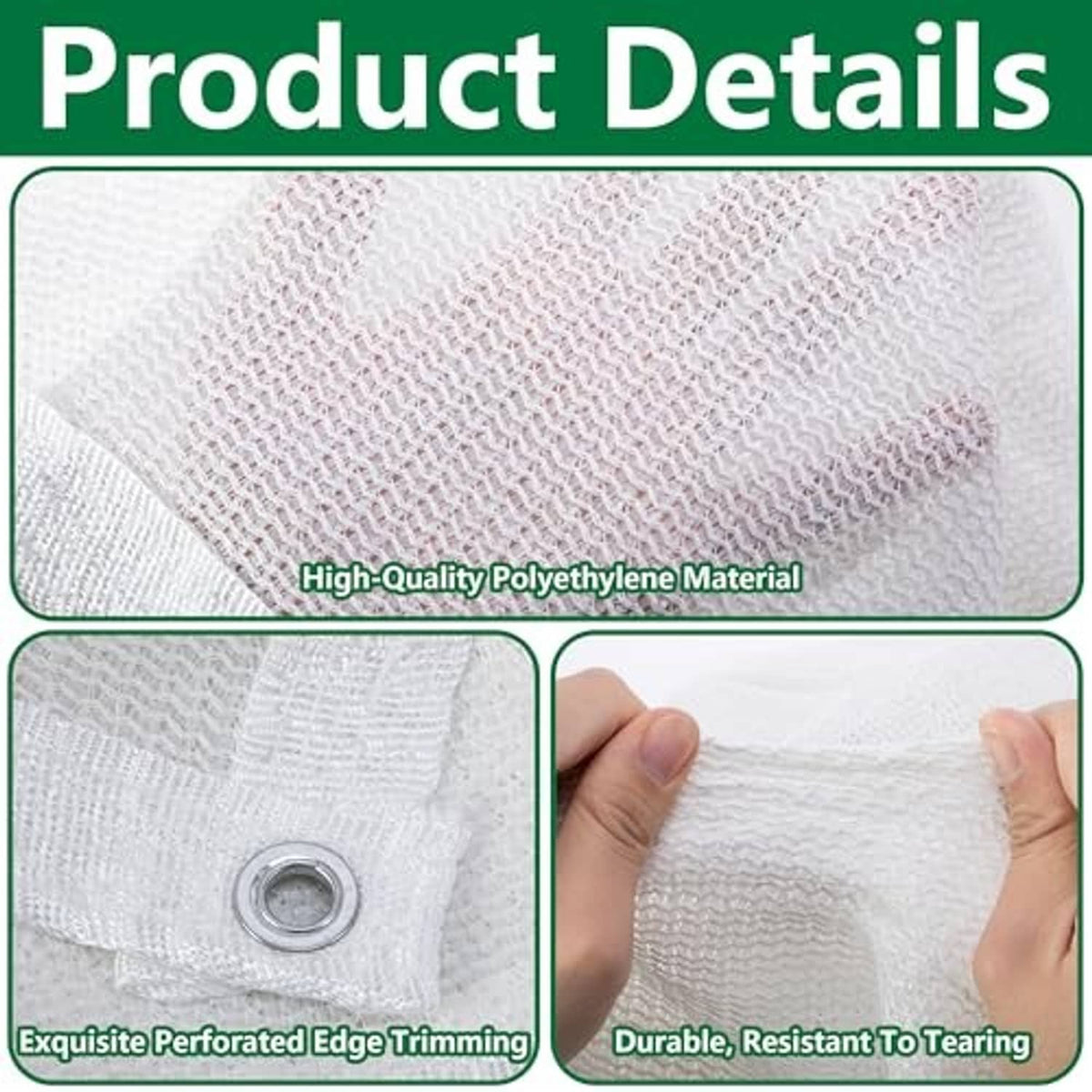 White mesh sun shade cloth close-up, reinforced edge trim and grommet detail