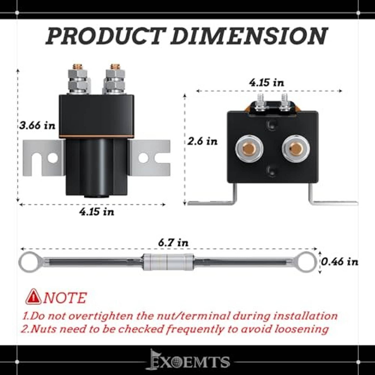 48V solenoid coil dimensions diagram with two top terminals and mounting bracket