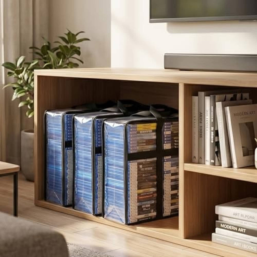 Clear Blu-ray storage bags with black handles in open cabinet, 2-pack