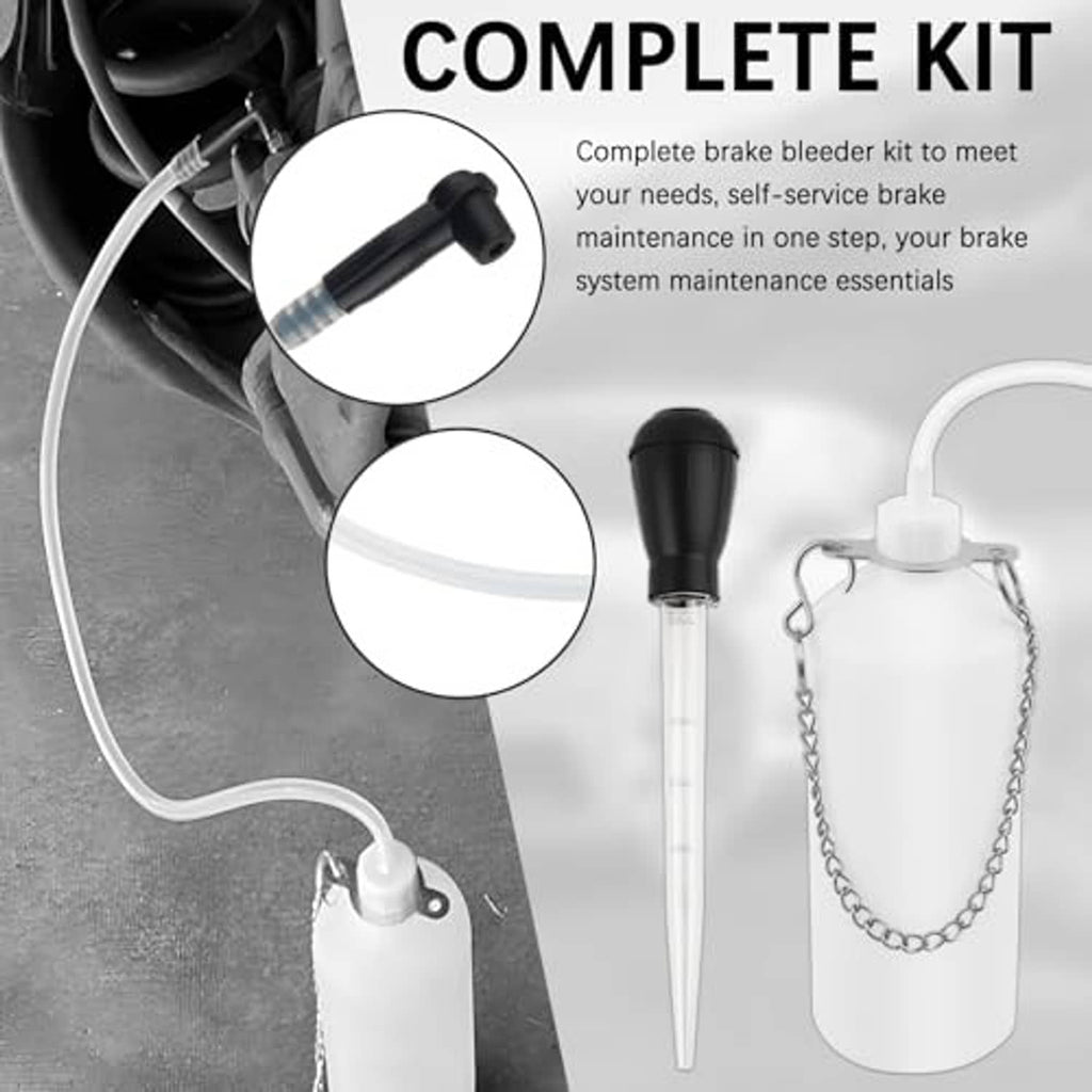 Complete brake bleeder kit with bottle, clear tube, chain, and hoses