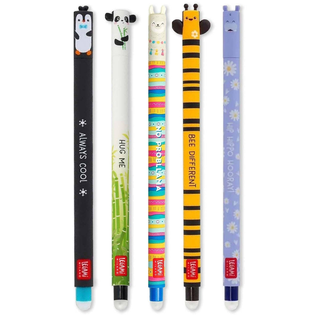 Set of 5 erasable gel pens with cute animal designs, including black, blue, and turquoise
