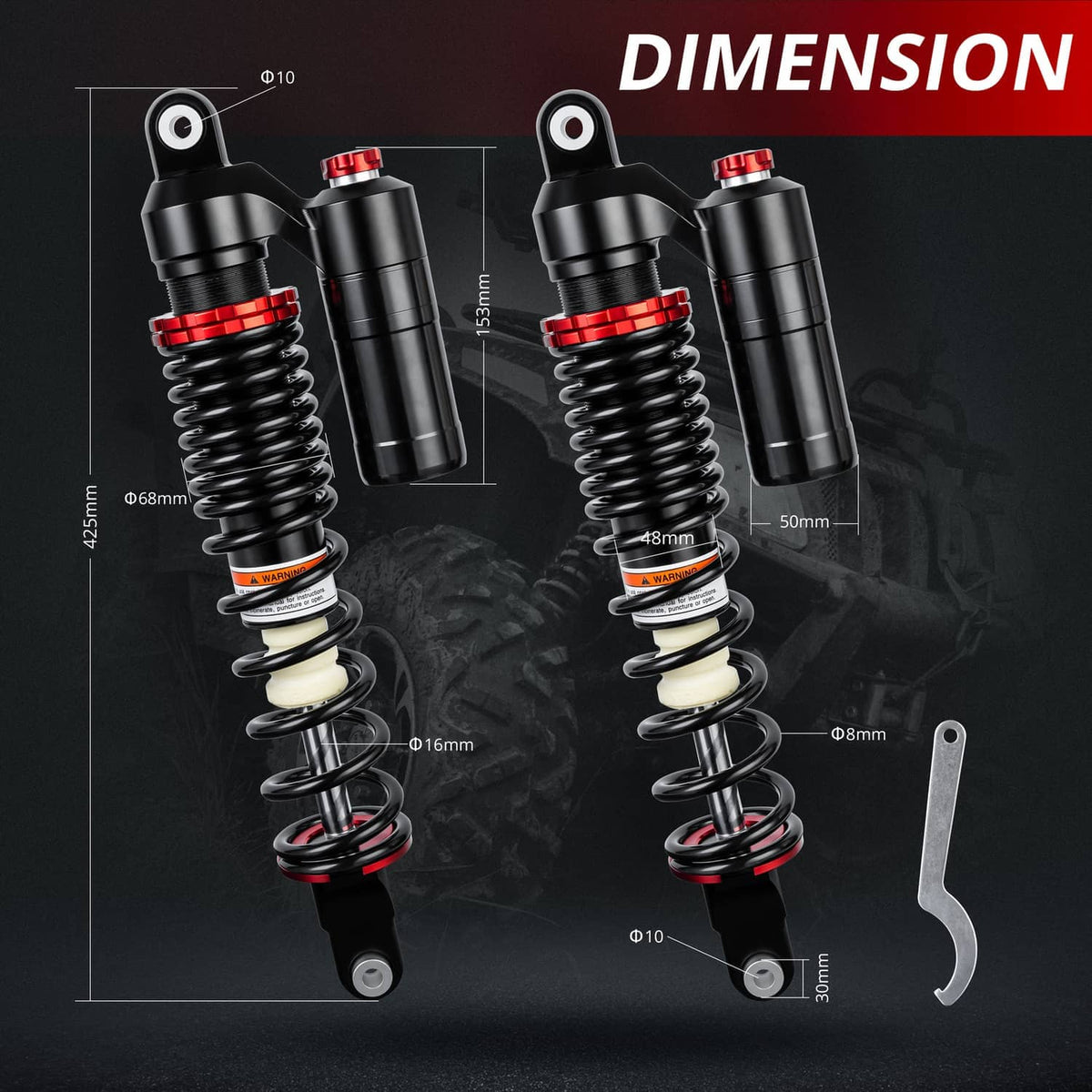 Front air shock absorbers set with measurement layout, black bodies and red spring caps