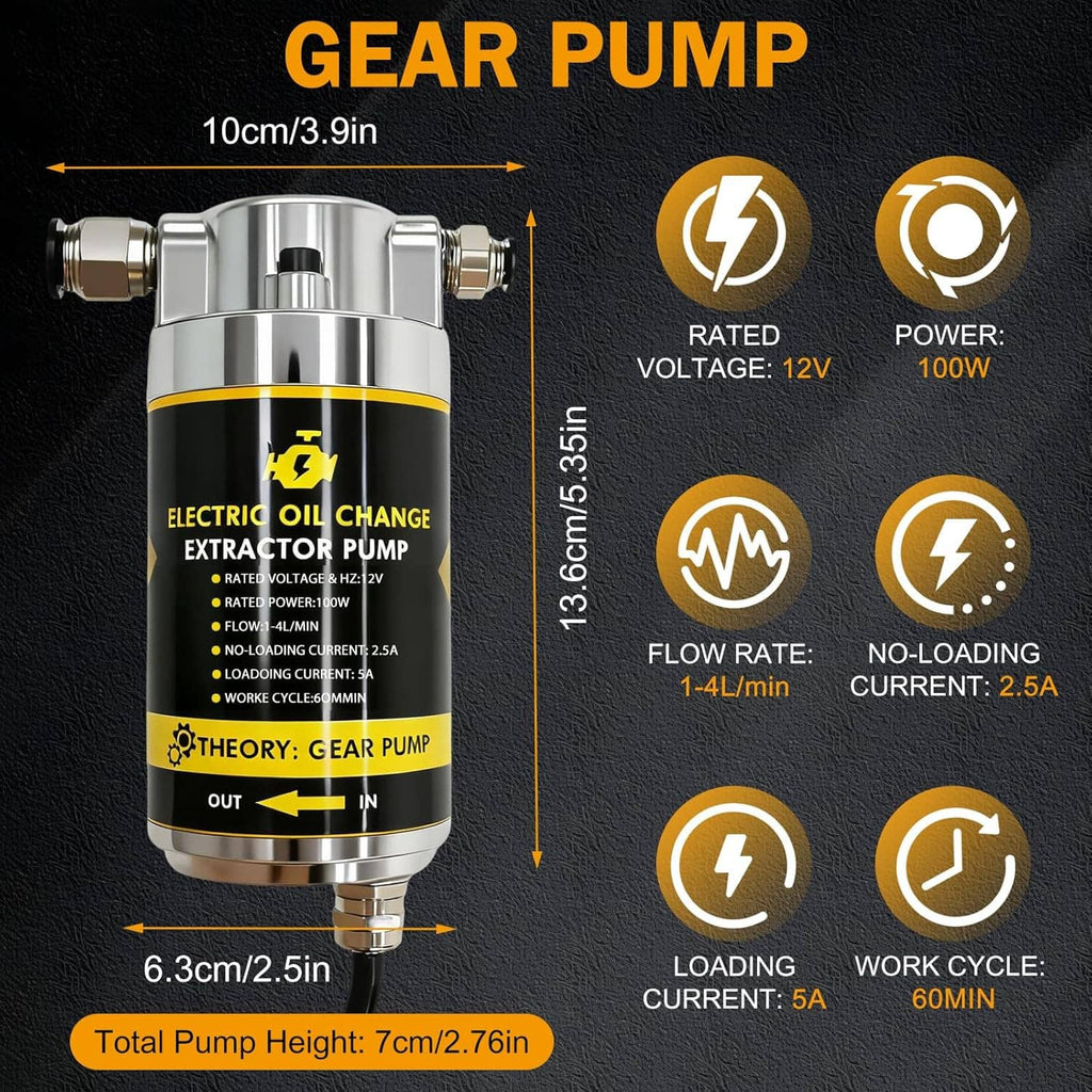 Electric oil change gear pump, black-and-silver cylinder with inlet and mounting bracket