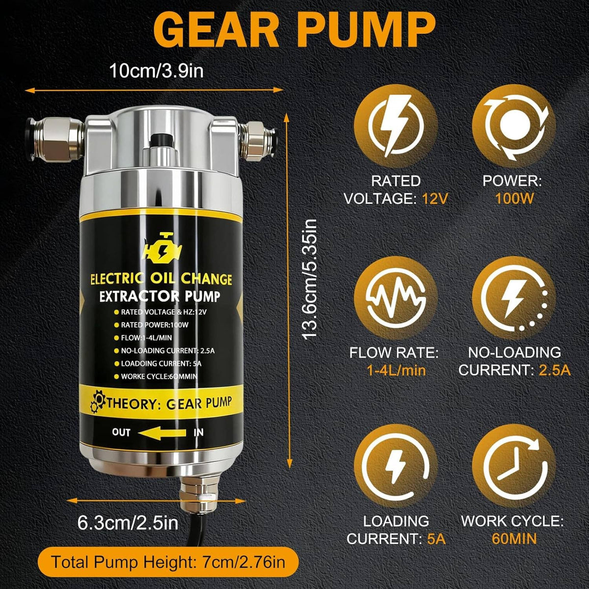 Electric oil change gear pump, black-and-silver cylinder with inlet and mounting bracket