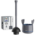 MR.SIGA gray toilet plunger with holder, tall gray handle and black suction cup