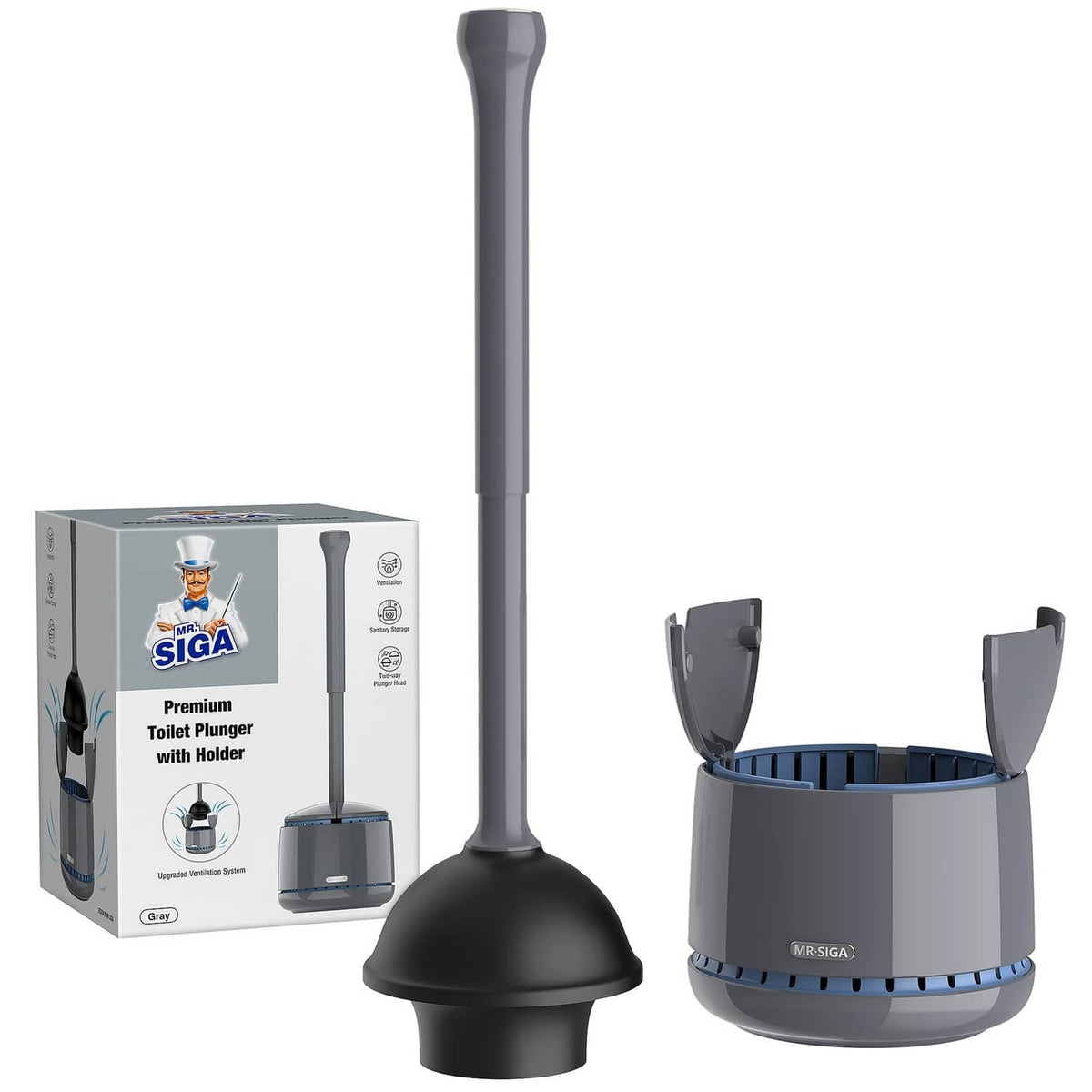 MR.SIGA gray toilet plunger with holder, tall gray handle and black suction cup