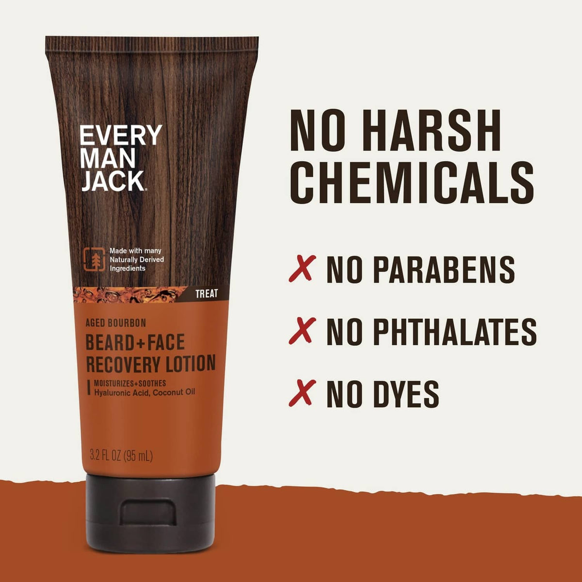 Beard-and-face recovery lotion tube with no-harsh-chemicals label graphics