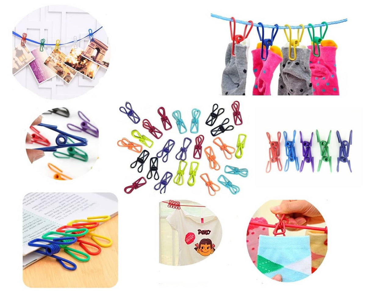 Assorted chip clips clipped along a string to hold small items