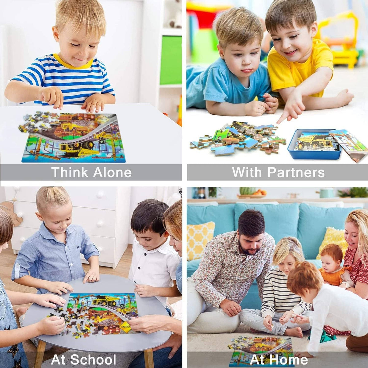 Kids playing with a construction site jigsaw puzzle with vehicle pieces
