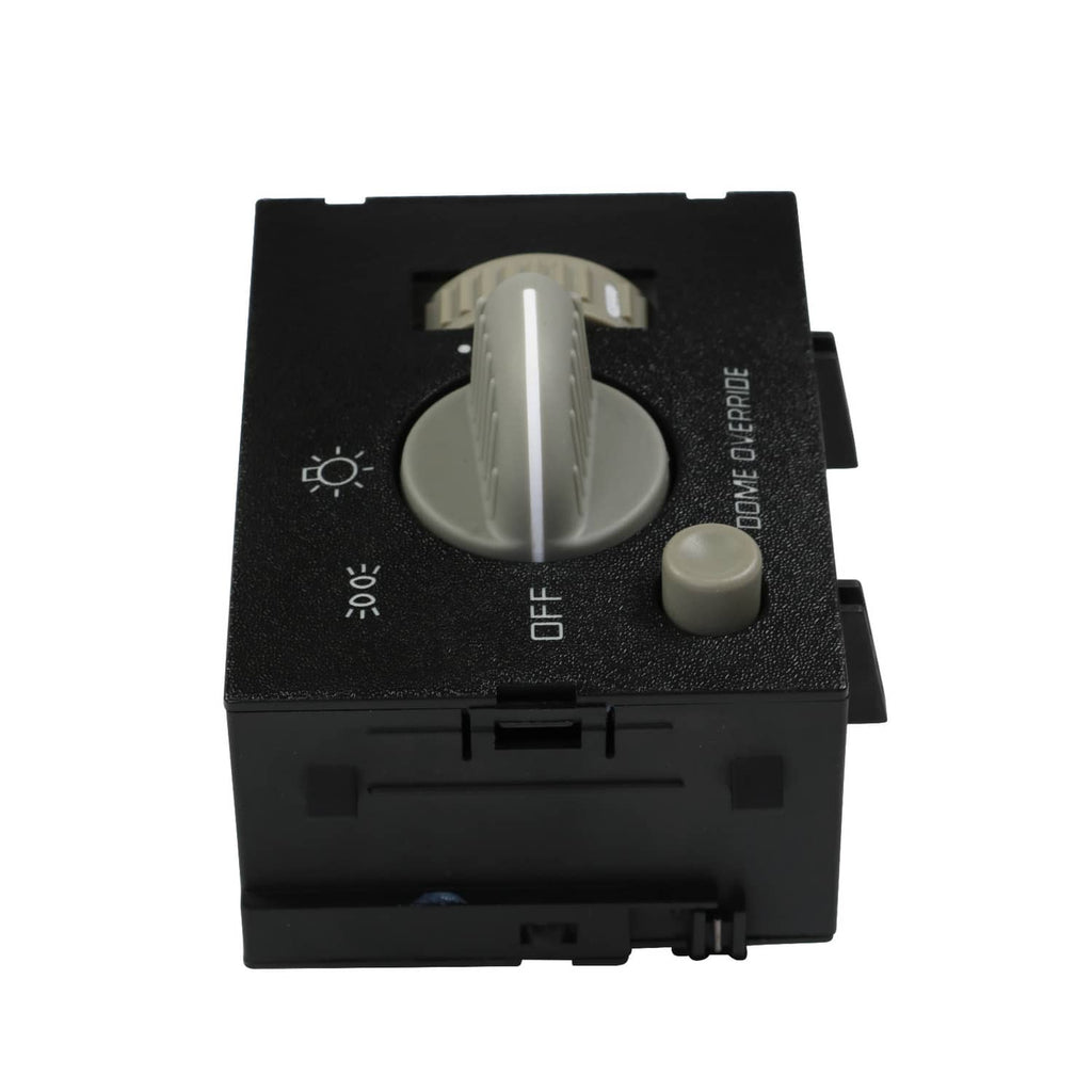 Black dash headlight switch top view with round light control knob and OFF button