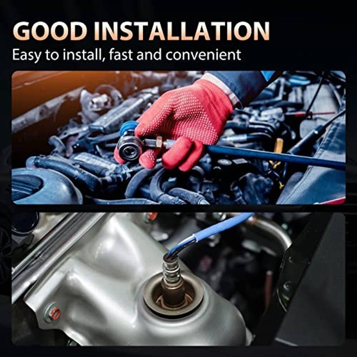 Engine bay installation graphic showing a gloved hand installing a sensor connector