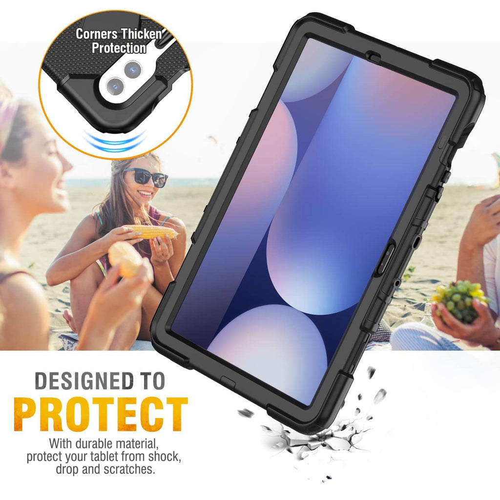 Black rugged tablet case with corner and camera lens protection for drops and scratches