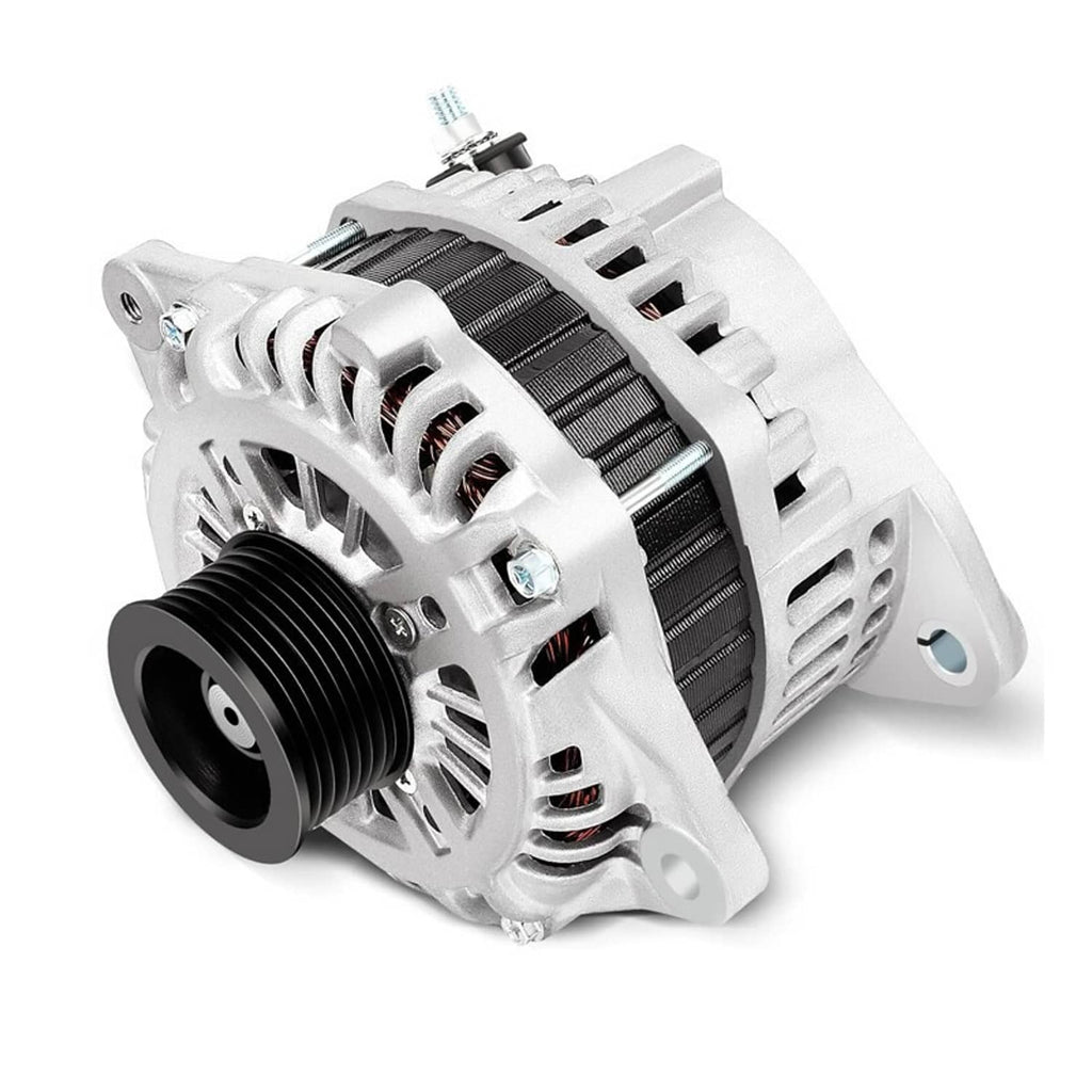 Silver alternator with black pulley and ribbed housing, angled for front mounting view