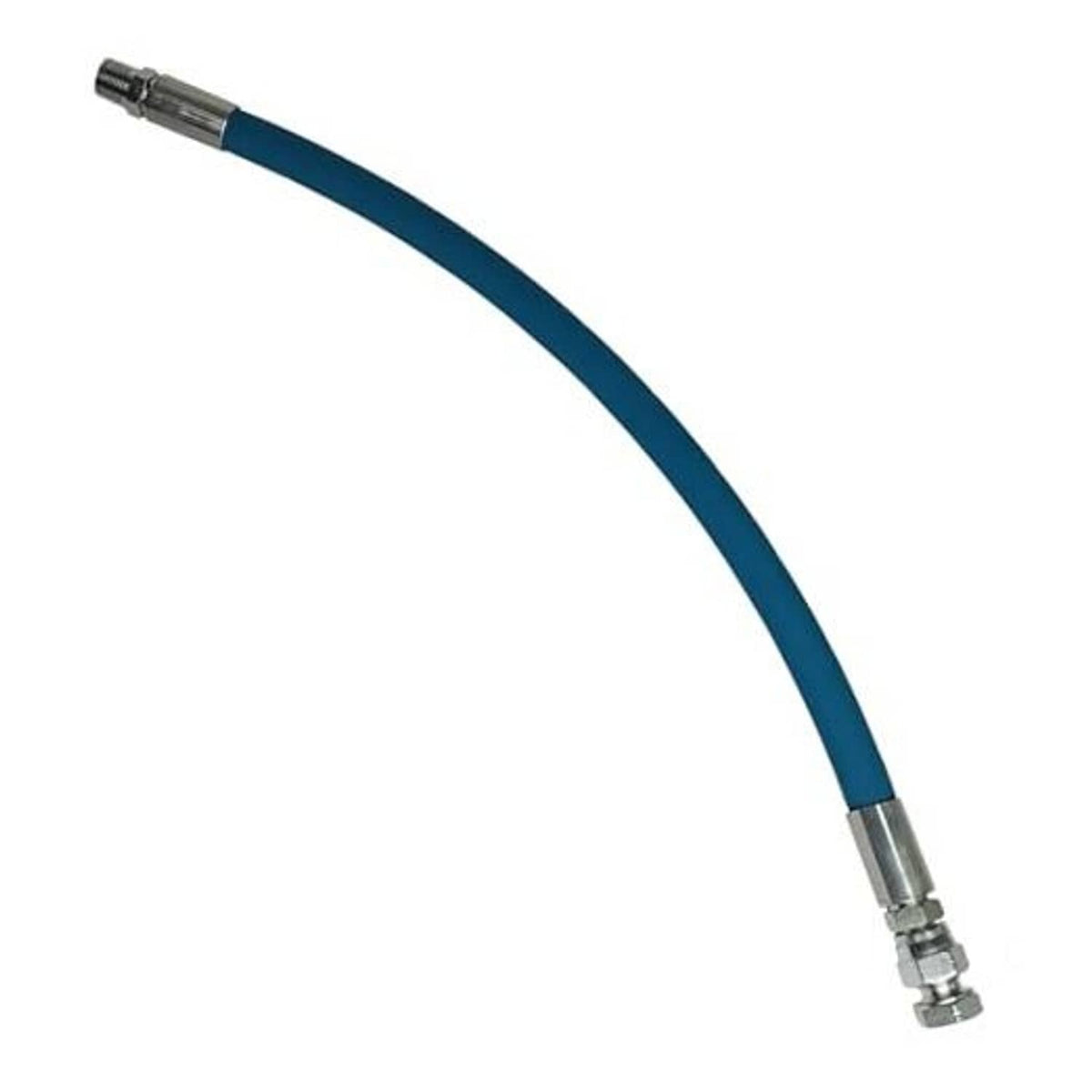 Blue engine drain oil hose with metal end fitting and black connector