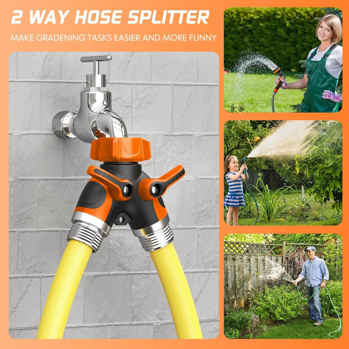 Two-way garden hose splitter with shutoff, orange head and dual hose outlets