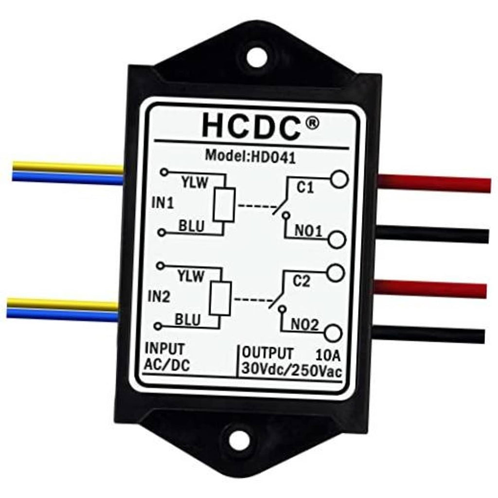 Dual relay module with terminal wires; front label shows input/output circuit mapping
