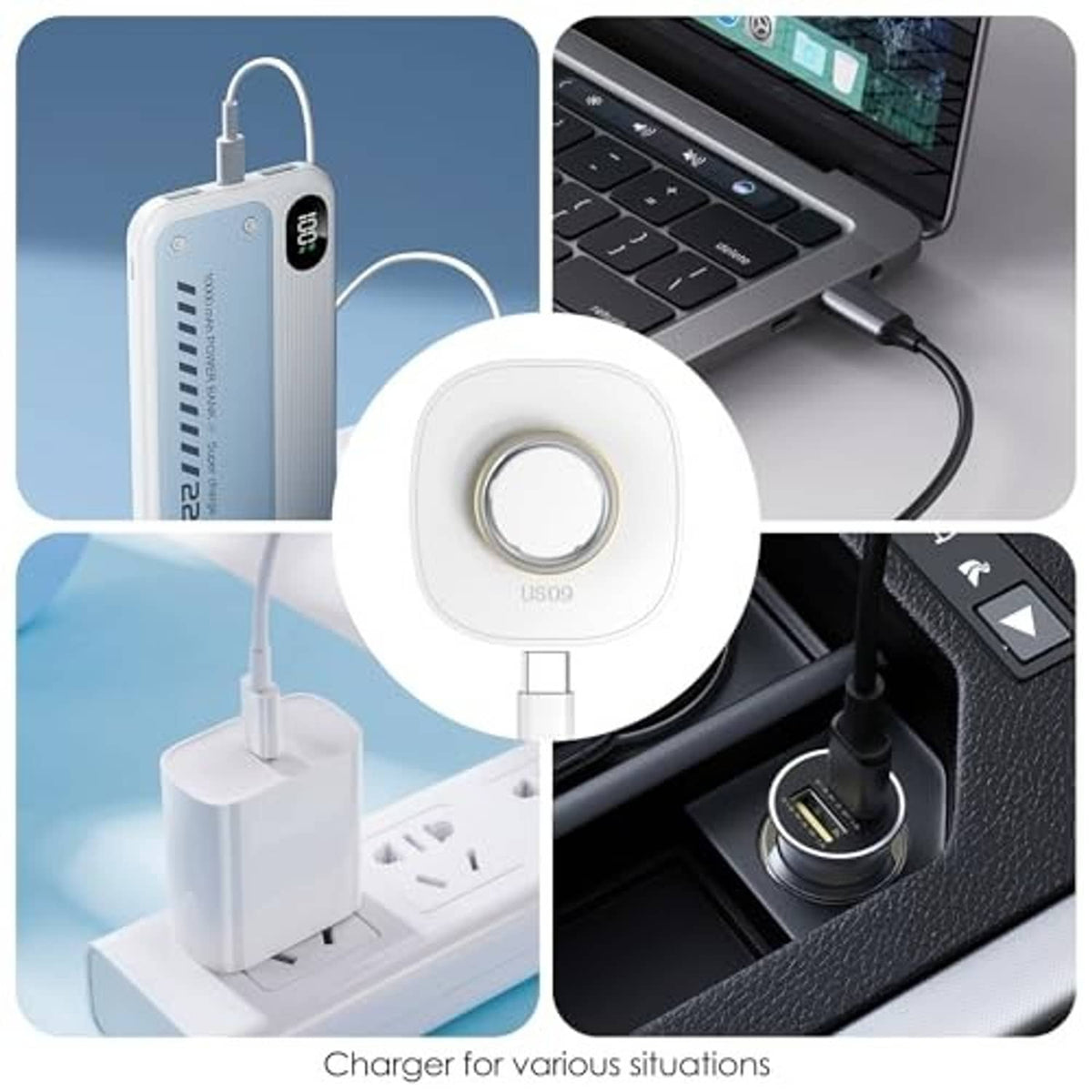 White ring charger dock with gold contact ring and connected USB cable