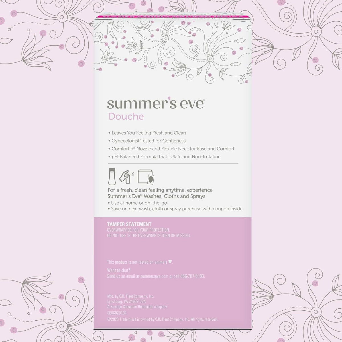 summer's eve douche product info panel with features and tamper statement