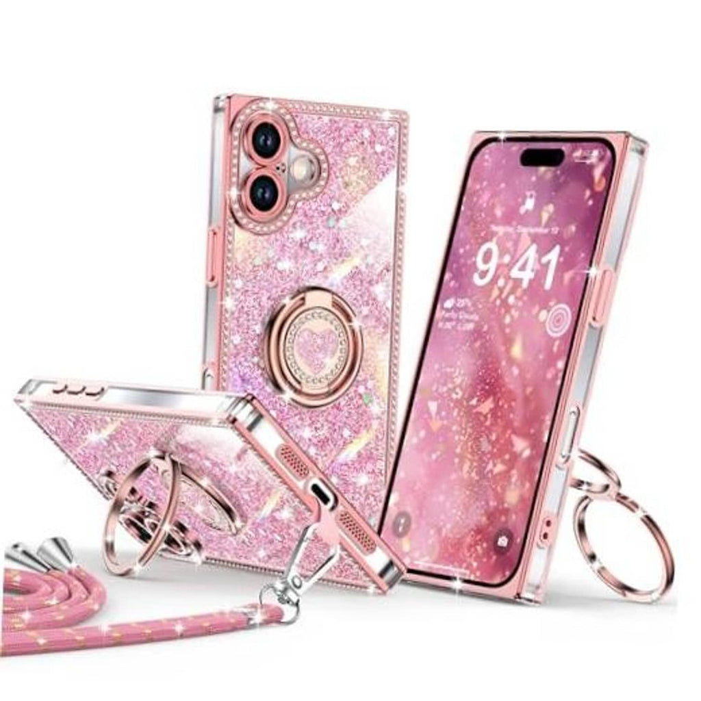 Pink glitter iPhone 17 phone case with heart ring holder and camera cutouts