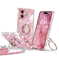 Pink glitter iPhone 17 phone case with heart ring holder and camera cutouts