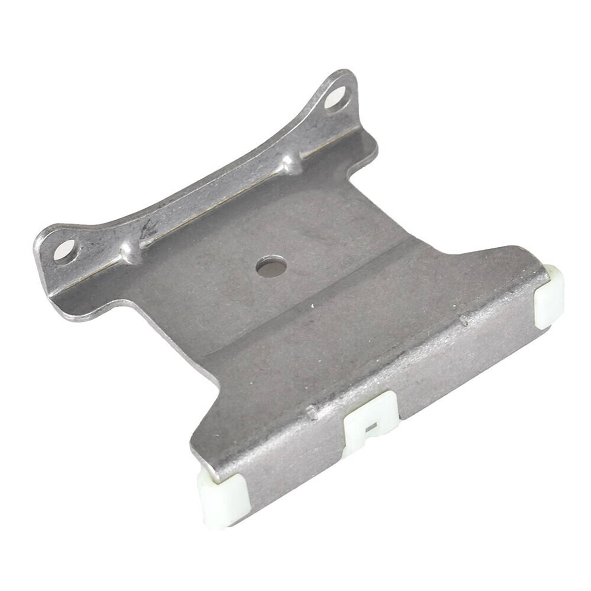Silver metal timing chain guide rail bracket with mounting holes.