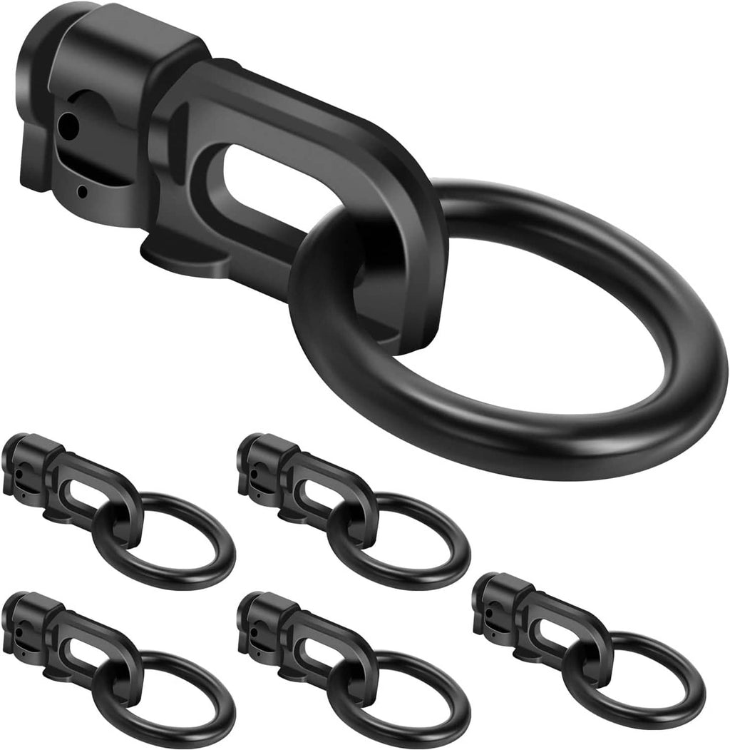 Black L-track double stud tie-down fitting with O-ring, shown with 6 mounting hooks