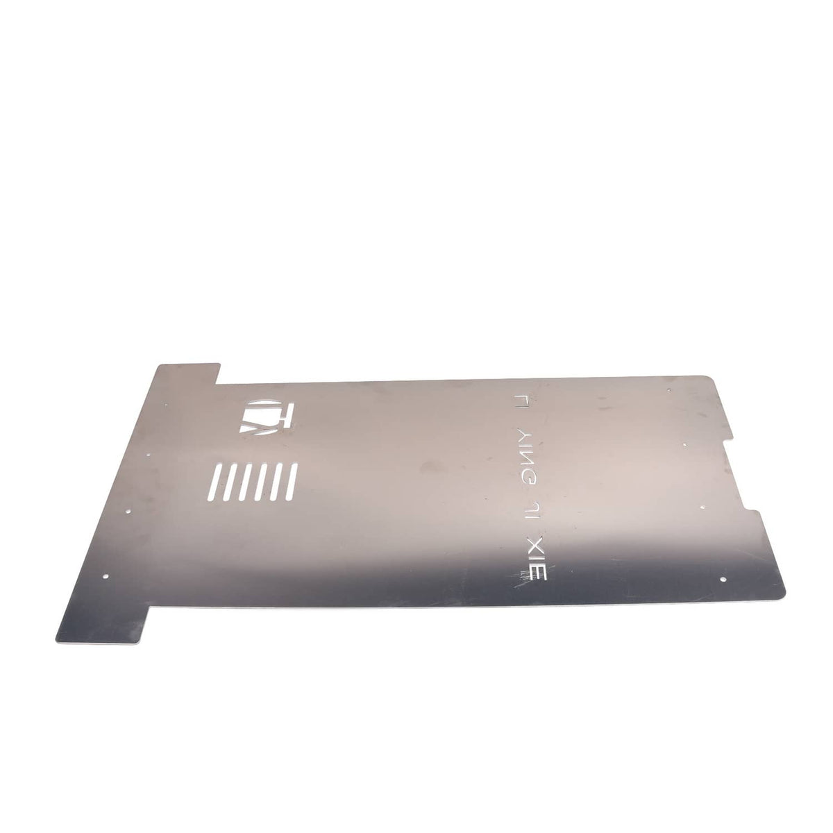 Dark gray catalytic converter heat shield with mounting holes and logo