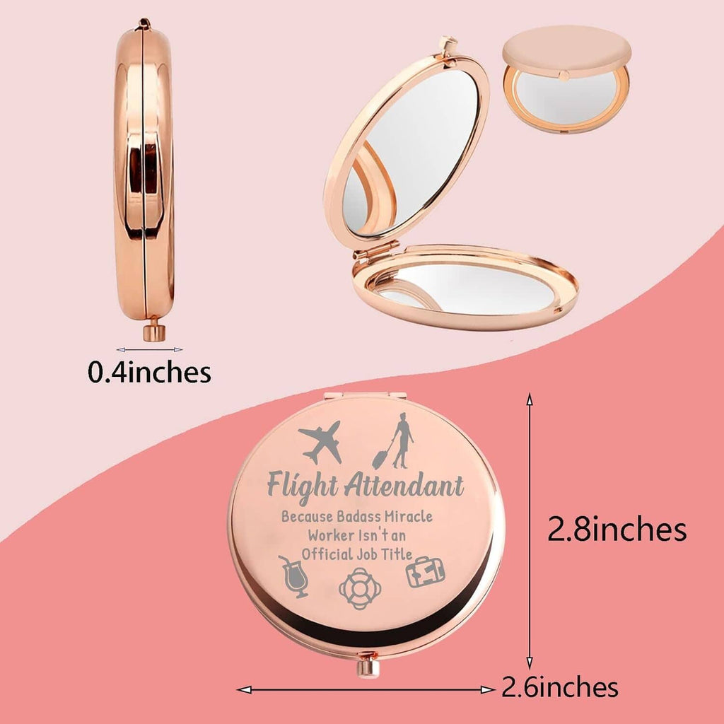Rose-gold round makeup mirror compact with open lid; size markers show dimensions.