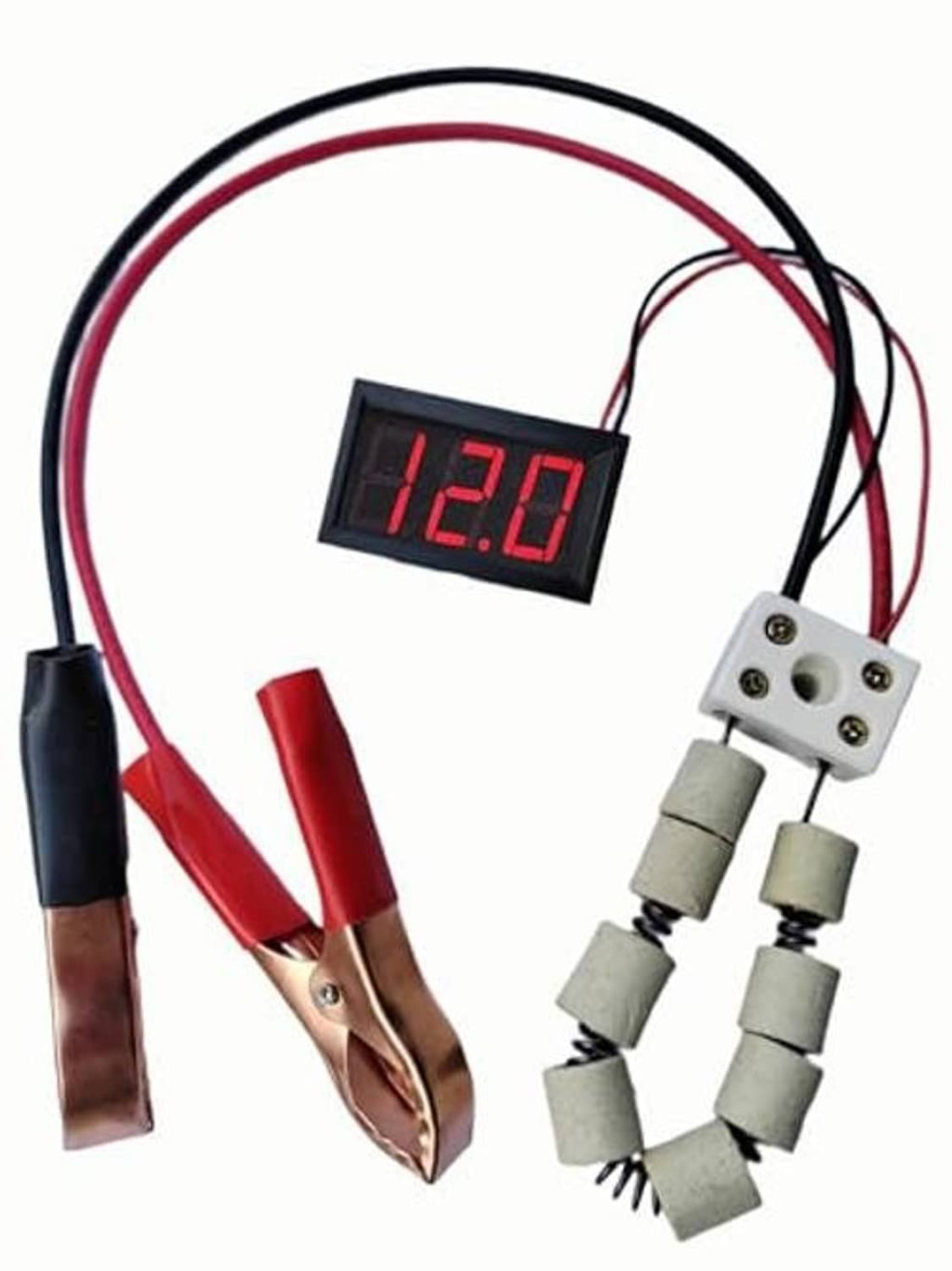 12V battery load tester with 12.0V voltmeter, red and black alligator clips and probes