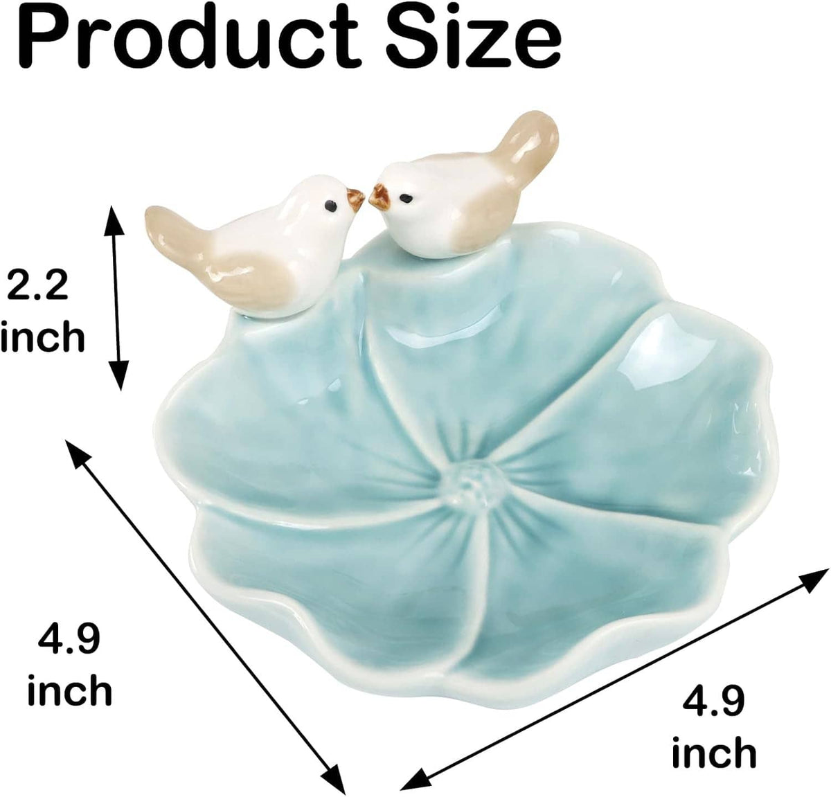 Ceramic lotus leaf jewelry tray with two white bird ring holders, viewed in layout dimensions