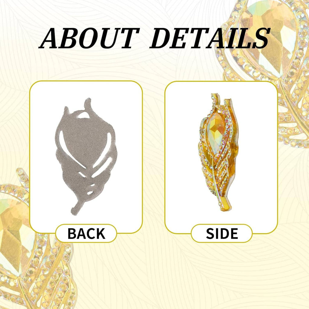 Gold rhinestone feather flatback embellishment shown from side and back