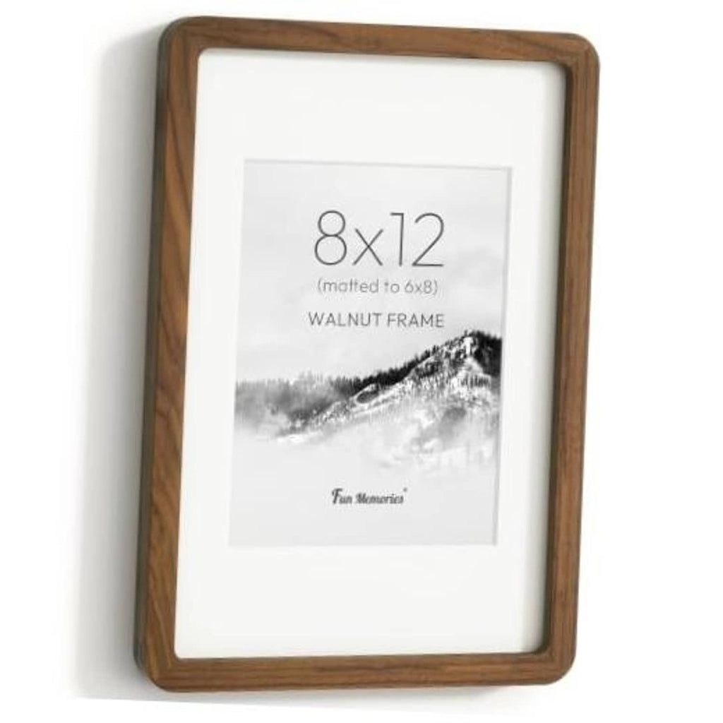 8x12 walnut picture frame with clear glass and white mat, front view