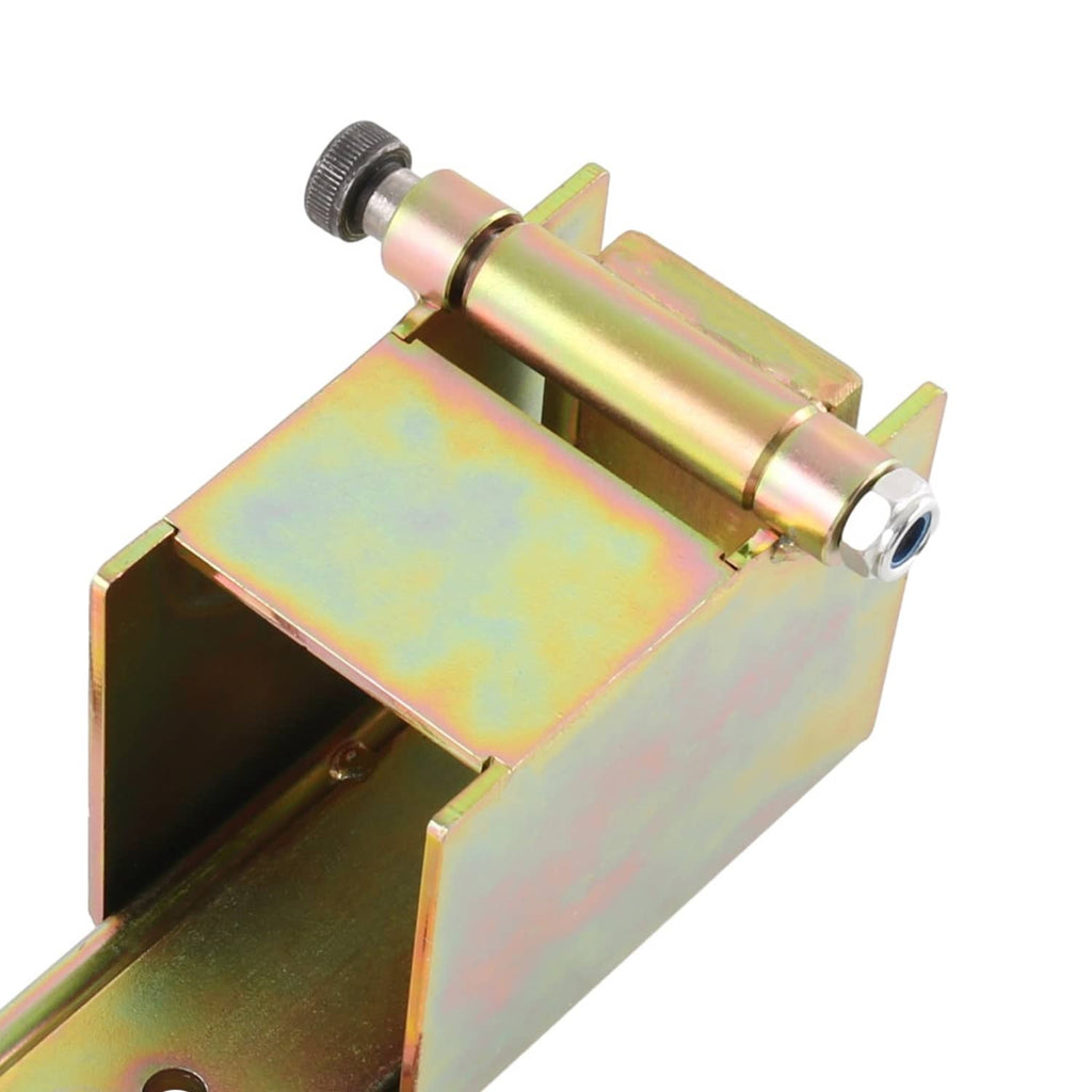 Hidden hinge bracket close-up with pivot pin and weld-on plate, rainbow zinc finish