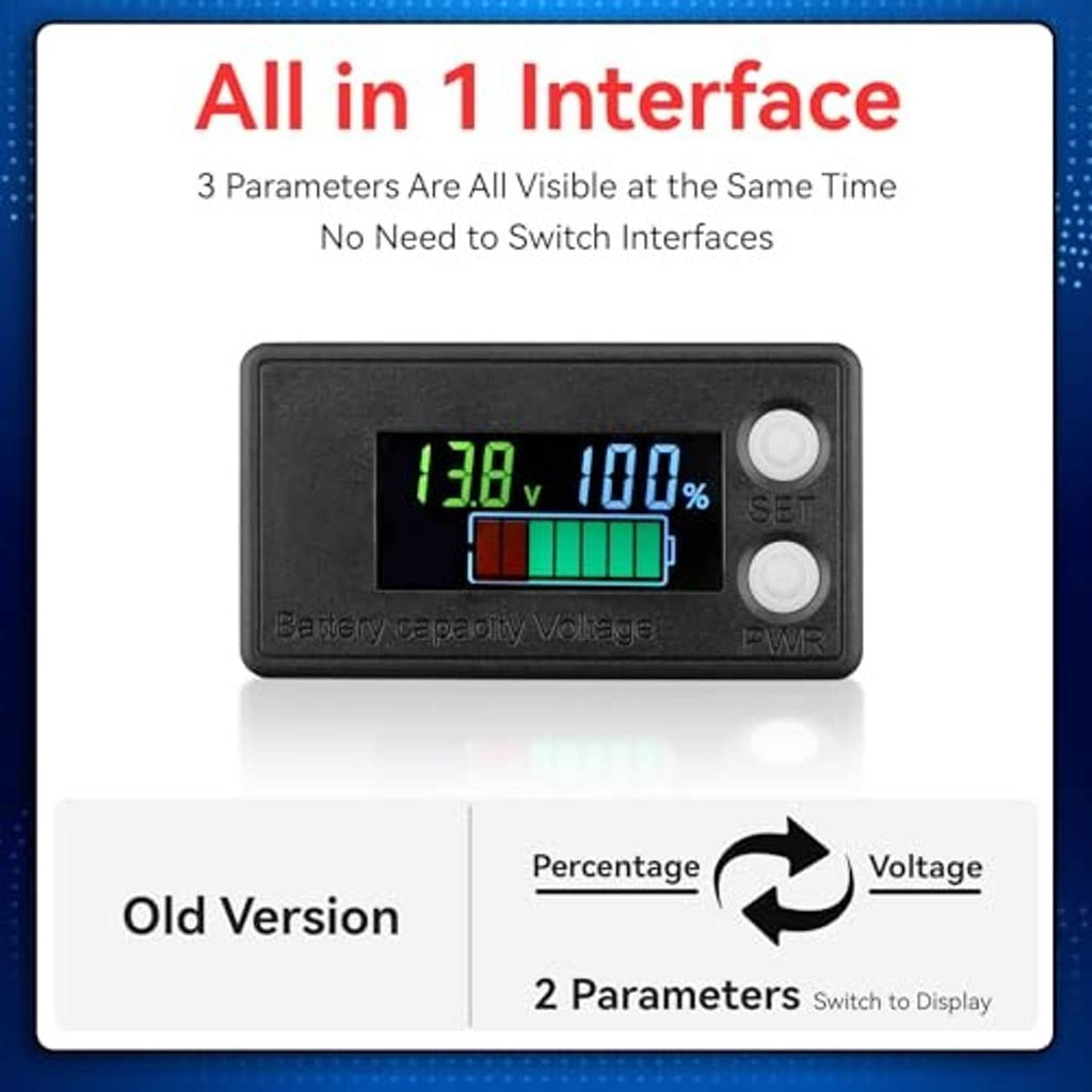 Black battery monitor LCD showing 13.8V and 100% with two side buttons