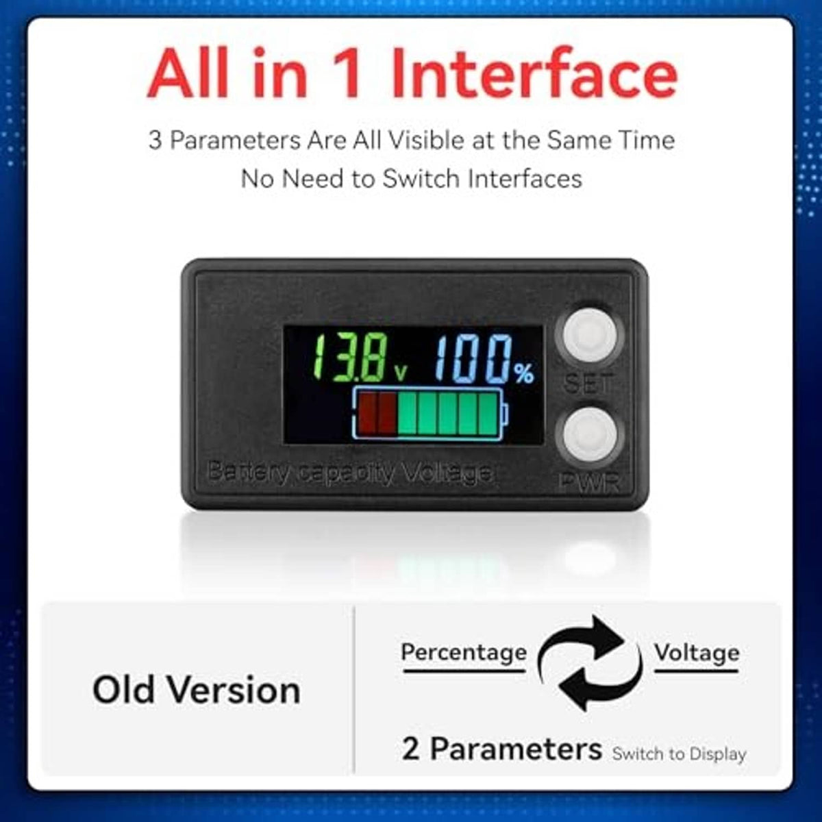 Black battery monitor LCD showing 13.8V and 100% with two side buttons
