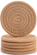 Set of round woven drink coasters, natural tan braided texture, stack of 6