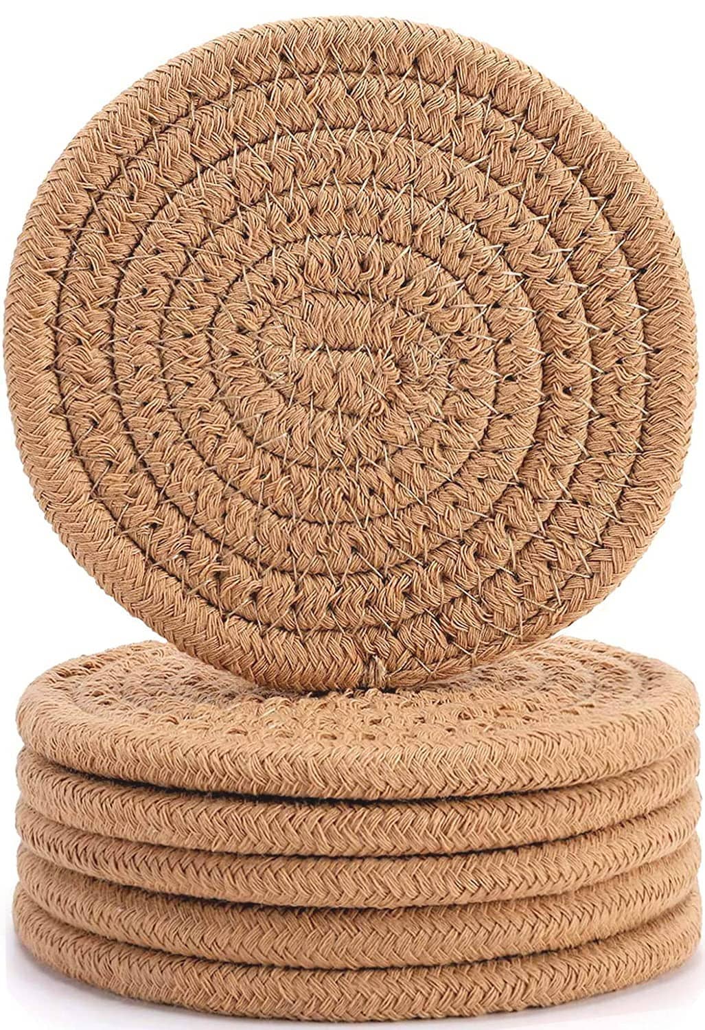 Set of round woven drink coasters, natural tan braided texture, stack of 6